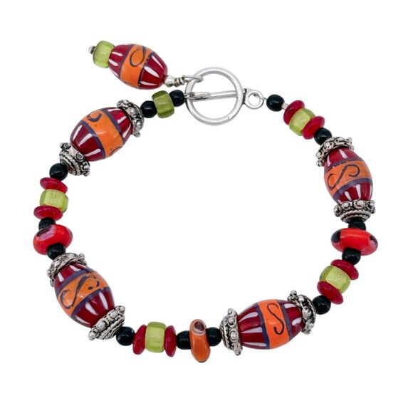 Vibrant Silver Tone Orange Red Yellow Black Glass Bead Bracelet 7.5" - Picture 3 of 6